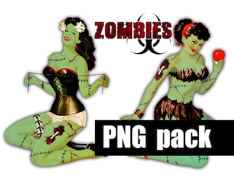 Può includere: Illustrazione digitale con due pin-up zombie con pelle verde, ferite cucite e acconciature vintage. La parola "ZOMBIES" è visualizzata in rosso, con un simbolo di pericolo biologico. Il testo "PNG pack" è in un rettangolo nero.