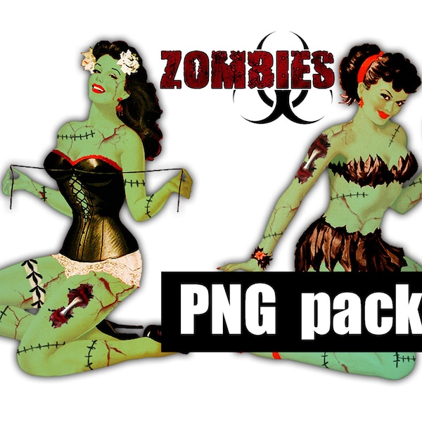 PIN-UPS ZOMBIE - Hoja de collage imprimible digital - Chicas pin-up retro no muertas, Apocalipsis zombi, Halloween, PNG descarga instantánea