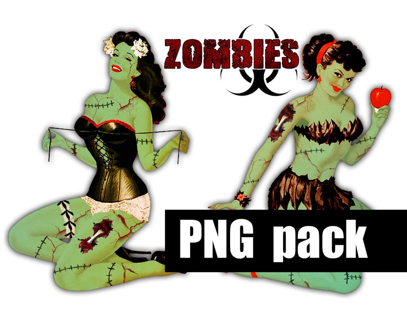 ZoMBIE PIN-UPS Digital Printable Collage Sheet Retro Undead Pin-Up Girls, Zombie Apocalypse, Halloween, Png Instant Download image 1