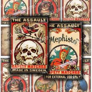 CAJA DE CERILLAS MEPHISTO - Hoja de collage imprimible digital - Etiquetas de caja de cerillas de Halloween vintage con gatos negros, demonios y calaveras, descarga instantánea