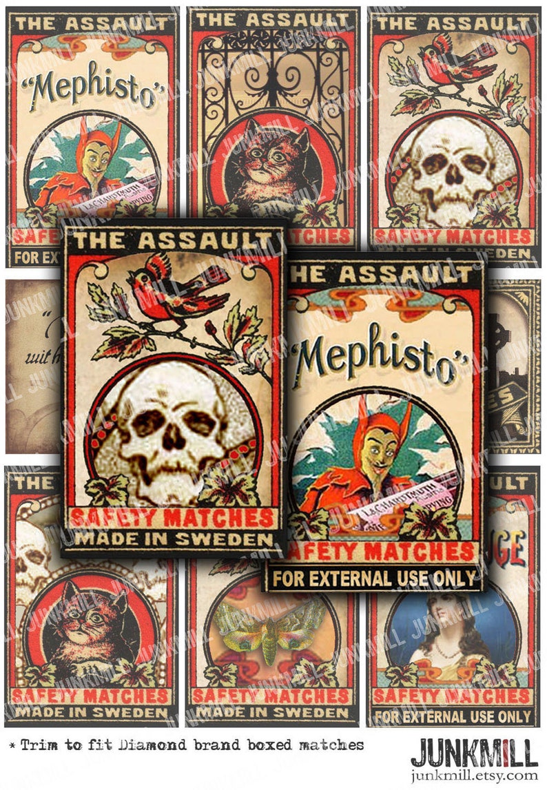 MEPHISTO MATCHBOX Digital Printable Collage Sheet Vintage Halloween Matchbox Labels with Black Cats, Devils & Skulls, Instant Download image 1