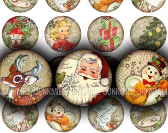 RETRO HOLIDAY - Digital Printable Collage Sheet - Vintage Christmas, Retro Christmas with Santa, Rudolph, Angels & Snowmen, 1" Circles 25 mm