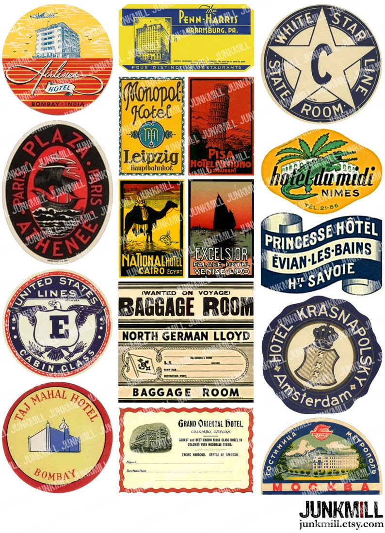 STEAMTRUNK LABELS 5 Digital Printable Collage Sheets Vintage Luggage Labels, Souvenir Travel Labels from Europe, Instant Download image 3