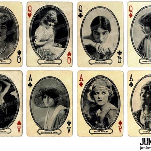 NAIPES DE HOLLYWOOD - Hoja de collage imprimible digital - Naipes antiguos con estrellas de Hollywood, estrellas del cine mudo, cartas coleccionables