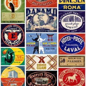 TOURISTA I - Hoja de collage imprimible digitalmente - Etiquetas de viaje antiguas, etiquetas para maletas de Italia, Francia, Alemania, Japón e India