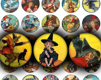 CLASSIC WITCHES - Digital Printable Collage Sheet - Vintage Halloween Witches, Cauldrons & Black Cats, 1" Circle, 25 mm, Instant Download