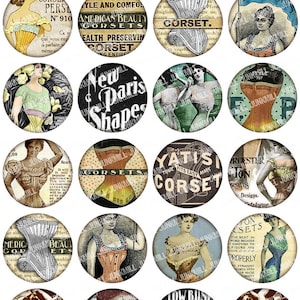 KORSET - digitaal afdrukbaar collageblad - vintage lingerie, Victoriaanse vrouwen en burleske dames, 1" cirkels, 25 mm, direct downloaden
