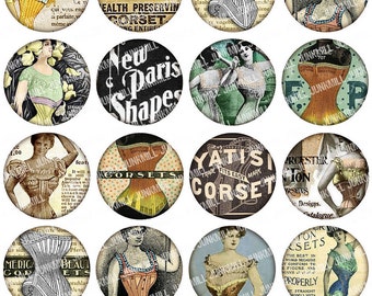 CORSET - Digital Printable Collage Sheet - Vintage Lingerie, Victorian Women & Burlesque Ladies, 1" Circles, 25 mm, Instant Download