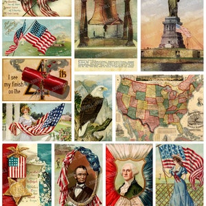 LIBERTY - Foglio collage stampabile digitale - Vintage Americana, souvenir di viaggio degli Stati Uniti, bandiera americana, vecchia mappa, cartoline d'epoca