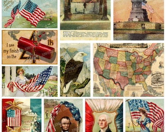 LIBERTY - Digital Printable Collage Sheet - Vintage Americana, United States Travel Souvenirs, American Flag, Old Map, Vintage Postcards