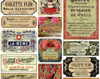 Può includere: Etichette francesi vintage con disegni decorativi e testo in francese. Le etichette presentano immagini di fiori, una corona e una bottiglia. Il testo include le parole "Extrail d'Absinthe", "Violette Flor", "Sirop" e "Paris".