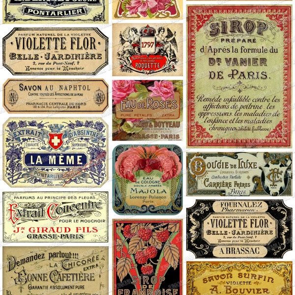 ÉTIQUETTES PARISIENNES - Feuille de collage imprimable numérique - Étiquettes d'apothicaire Français vintage, Étiquettes de parfum, Paris France, Étiquettes de bouteilles imprimables