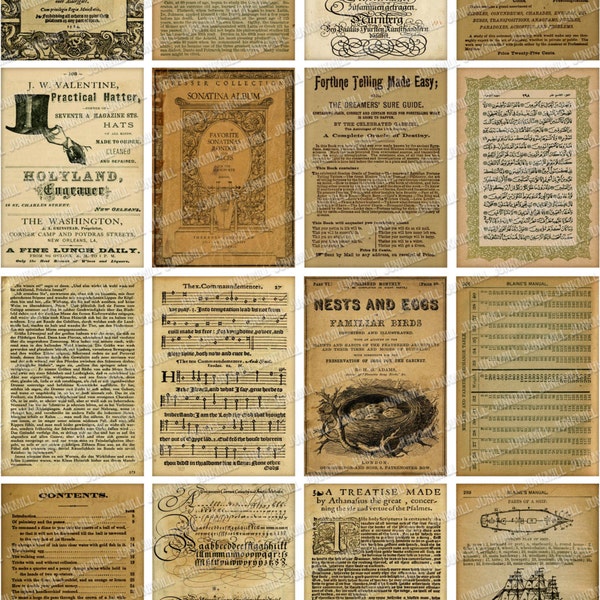 BOOK PAGES - Digital Printable Collage Sheet - 16 Old Vintage Distressed Book Pages with Foreign Text, Calligraphy, Sheet Music,  Diagrams