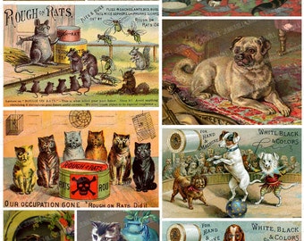 CATS AND DOGS - Digital Printable Collage Sheet - Circus Dogs & Cats from Victorian Trade Cards and Vintage Postcards, Instant Download