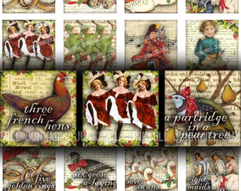 12 DAYS OF CHRISTMAS - Digital Printable Collage Sheet - Vintage Twelve Days of Christmas, Holiday, 1" Square or Scrabble Tile