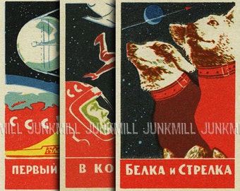 SPACE DOGS - 3 Digital Printable Images - Soviet Space Program, Satellites, Cosmonauts, Laika, Vintage Matchbox Covers, Instant Download