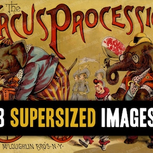 BIG TOP - images numériques imprimables extra larges - bannières vintage d'animaux de cirque avec lions, éléphants, maître de piste, art mural instantané de 18 x 61 cm