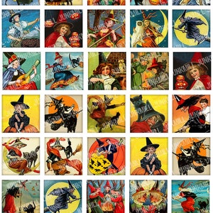 CLASSIC WITCHES - Digital Druckbare Collage Sheet - Vintage Halloween Hexen & schwarze Katzen, 2,5 cm Quadrat oder Scrabble Tile, Instant Download