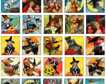 CLASSIC WITCHES - Digital Printable Collage Sheet - Vintage Halloween Witches & Black Cats, 1" Square or Scrabble Tile, Instant Download