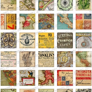 PAPER BITS - Hoja de collage imprimible digitalmente: postales antiguas, mapas antiguos, páginas de libros antiguos y material efímero, cuadrados de 1 pulgada y fichas de Scrabble