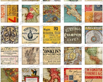 PAPER BITS - Digital Printable Collage Sheet - Vintage Postcards, Antique Maps, Old Book Pages & Ephemera, 1" Squares and Scrabble Tiles
