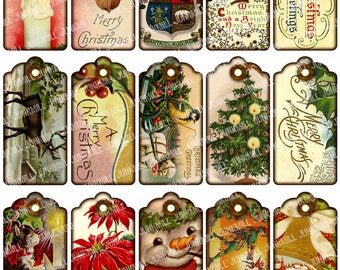 May include: Twelve vintage Christmas gift tags with various designs, including a snowman, a reindeer, a Christmas tree, and a poinsettia. The tags are all rectangular and have a brown border. Some of the tags have text on them, such as "Merry Christmas" and "Christmas Greetings".