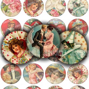 L'AMORE - Hoja de collage imprimible digital - San Valentín victoriano desgastado con parejas besándose, Cupido y pájaros enamorados, círculos de 1", 25 mm de diámetro