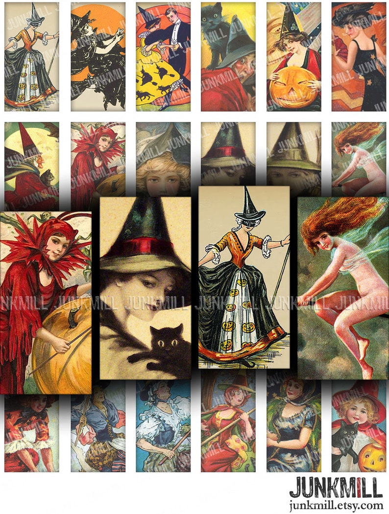 BEWITCHED Digital Printable Collage Sheet Pretty Victorian Witches, Vintage Halloween Pin-Ups & Black Cats, 1 x 2, Domino Tile image 1