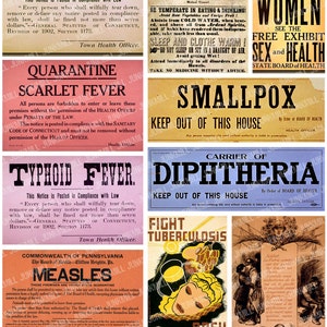 May include: Nine vintage public health posters with warnings about contagious diseases. The posters feature bold text and illustrations. The posters are printed on paper and have a distressed look. The posters are in English and French. The posters are from the early 20th century.