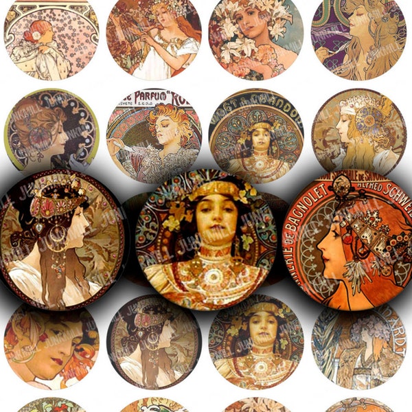 MUCHA MINIS - feuille de collage numérique imprimable - cercles de 1", 25 mm rond - peintures d'Alphonse Mucha, Art nouveau, Art déco, téléchargement numérique