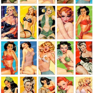 PEEPSHOW - Digital Printable Collage Sheet - Risque Pin-Up Illustrations, Retro Vintage Varga Girls, 1&quot; x 2&quot; Domino Tile, Instant Download