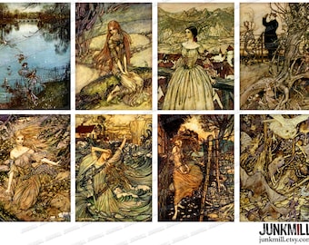 FAERIES & SPRITES - Digital Printable Collage Sheet - Vintage Arthur Rackham Illustrations, Renaissance Women, Mermaids and Fairies, ATC