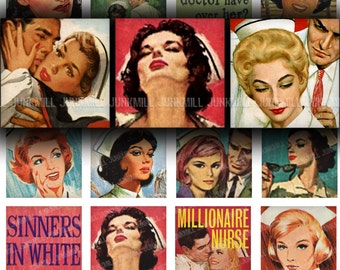 LET'S PLAY Doctor - Digital Printable Collage Sheet - Naughty Nurses & Steamy Romance, Retro Vintage Medical Pulp Fiction Covers, 1" Squares