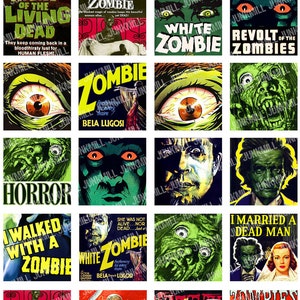 ZoMBiES - digitaal afdrukbaar collageblad - retro B-film, horrorposters, cultklassiekers, vierkante of scrabbletegel van 1 inch, direct downloaden