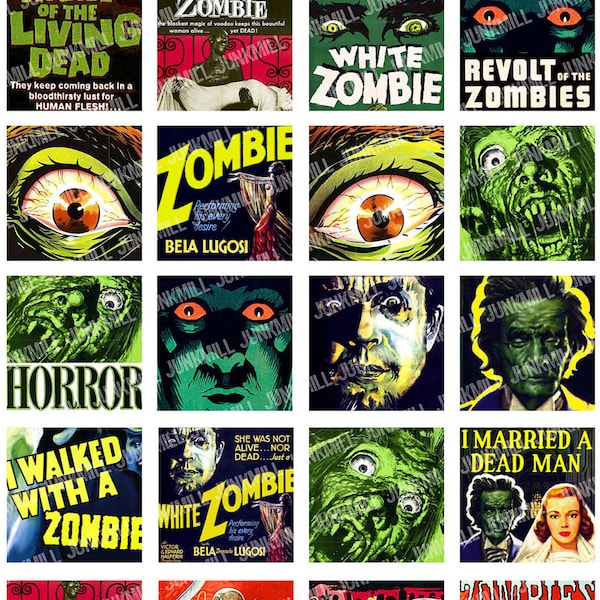 ZoMBiES - Digital Printable Collage Sheet - Retro B-Movie Horror Posters, Cult Classic Films, 1" Square or Scrabble Tile, Instant Download