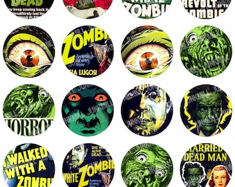 ZoMBiES - Digital Printable Collage Sheet - Retro B-Movie Horror Posters, Cult Classic Films, Halloween, 1" Circles, 25 mm, Instant Download