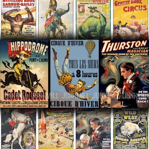 CIRQUE - Digital Printable Collage Sheet - Vintage French Circus Banners with Magicians & Wild West Sideshow Posters, Instant Download