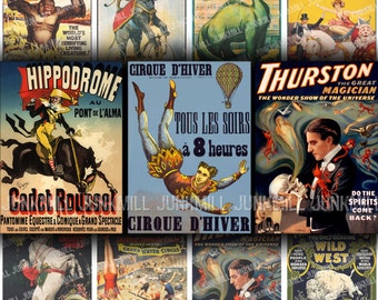 CIRQUE - Digital Printable Collage Sheet - Vintage French Circus Banners with Magicians & Wild West Sideshow Posters, Instant Download