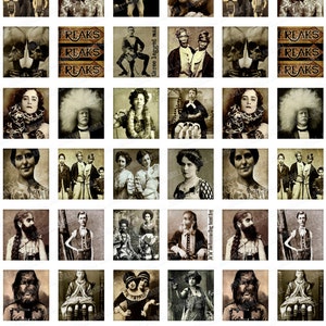 HUMAN ODDITIES Digital Printable Collage Sheet 1X1 Inch Squares & Scrabble Tiles Vintage Circus Freakshow Performers, Digital Download image 3