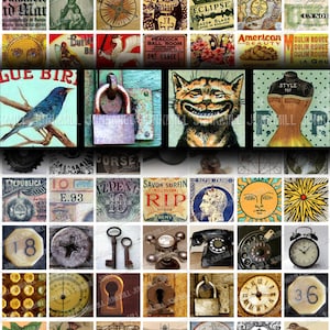 Può includere: Un collage di immagini vintage che presenta un passero blu, un lucchetto, un gatto sorridente, un manichino vintage, un sole con la faccia, un orologio, una chiave, una bussola e altre illustrazioni antiche.