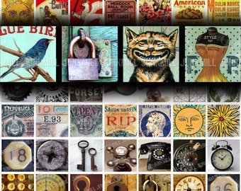 MINI MEDLEY I - Digital bedruckbares Collage Sheet - verschiedene Sampler mit Vintage Retro & Steampunk Bildern, 1" Quadrat, 25 mm, Scrabble Tile
