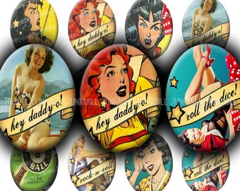 ROCKABILLY - Digital Printable Collage Sheet - 30 x 40 mm Ovals - Retro Rock-and-Roll Pin Ups, 1950s Betty Page Kitsch, Digital Download