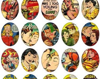 PULP ROMANCE - Digital Printable Collage Sheet - Retro Comic Book Covers, Vintage Pulp Fiction Pin-Ups, 30 x 40 mm Ovals, Instant Download