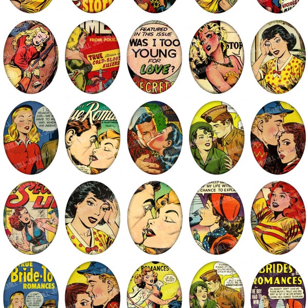 PULP ROMANCE - Digitaal afdrukbaar collageblad - Retro Comic Book Covers, Vintage Pulp Fiction Pin-Ups, 30 x 40 mm ovalen, Instant Download