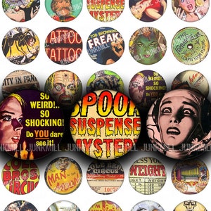 SIDESHOW - feuille de collage numérique imprimable - vintage Circus Freaks & Carnival Funhouse Freakshow, cercle de 1 po., 25 mm, téléchargement immédiat