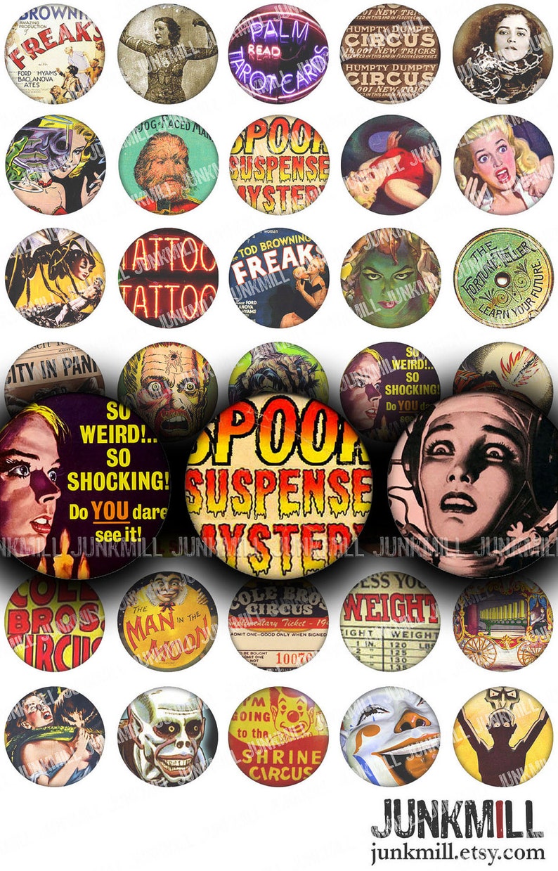 SIDESHOW Digital Printable Collage Sheet Vintage Circus Freaks & Carnival Funhouse Freakshow, 1 Circle, 25 mm, Instant Download image 1