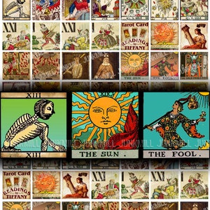 TINY TAROT - Hoja de collage imprimible digital - Cartas de tarot antiguas, adivinación medieval, magia oculta, mosaico cuadrado de 1" o de Scrabble