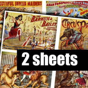 BIG TOP - feuille de collage numérique imprimable - bannières vintage d'animaux de cirque avec dompteurs de lions, maîtres de ring et acrobates, ATC, téléchargement immédiat