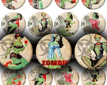 ZoMBIE PIN-UPS - Digital Printable Collage Sheet - Retro Horror Pin-Up Girls, Zombie Apocalypse, Halloween, 1" Circles, Instant Download