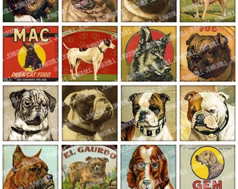 LUCKY DOG - Digital Printable Collage Sheet - Antique Vintage Pugs, Bulldogs, Boxers & Hounds, 1" Square or Scrabble Tile, Instant Download